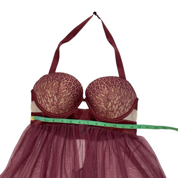 VICTORIAS SECRET Garnet Red Eyelash Lace Mesh Babydoll Bra Top Size 34D #397852 - Picture 6 of 7